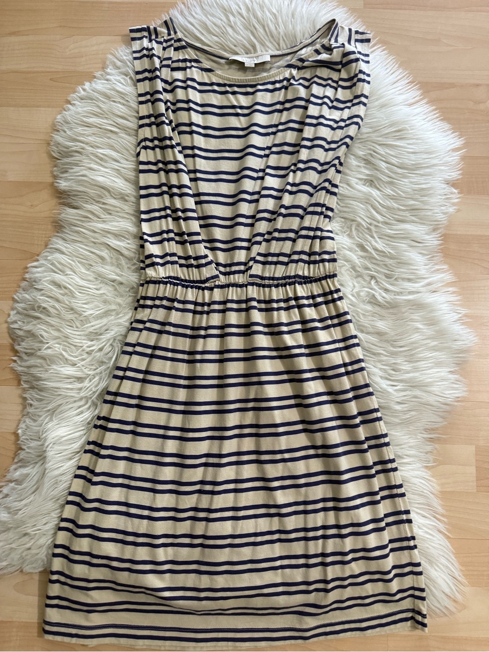 Loft Cream Blue Striped Cotton Cinced Dress M